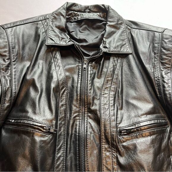 Men's Black Leather Jacket Waist Length Size 44 Bomber - Picture 3 of 12